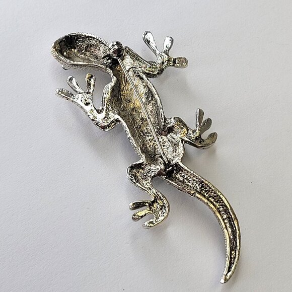 Silver Lizard Brooch Pin Rhinestone Gecko or Lizard Brooch Pin - Picture 12 of 14